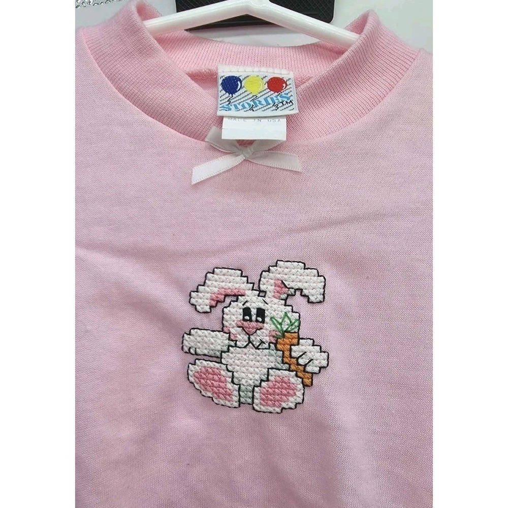 1980s Vtg Pink Stories Brand Two-piece Outfit Cross Stitch Embroidered Rabbit 2T - Picture 4 of 6